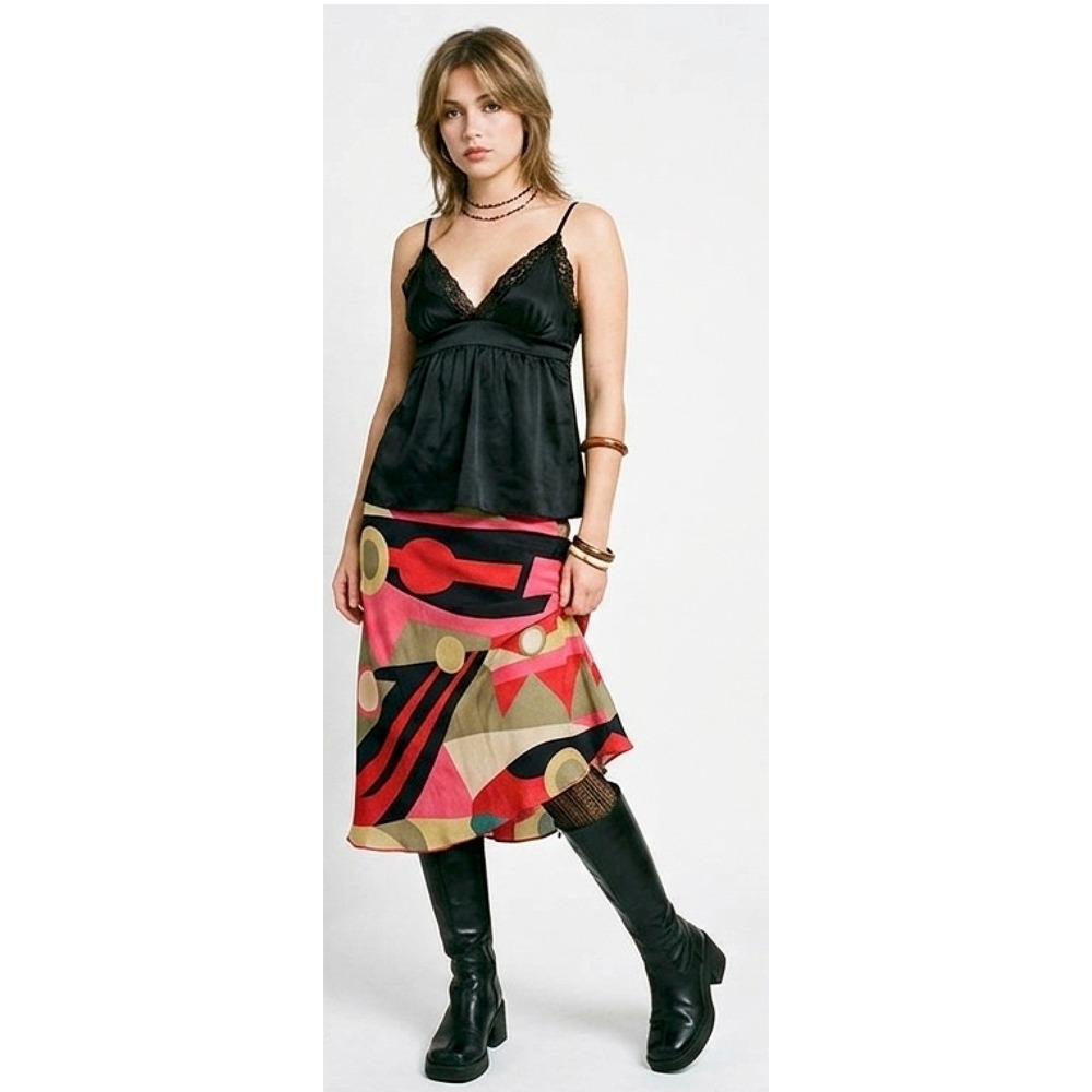 VTG Y2K Kenzie 100% Silk Geometric Midi Skirt 10 Abstract Bold Statement Retro